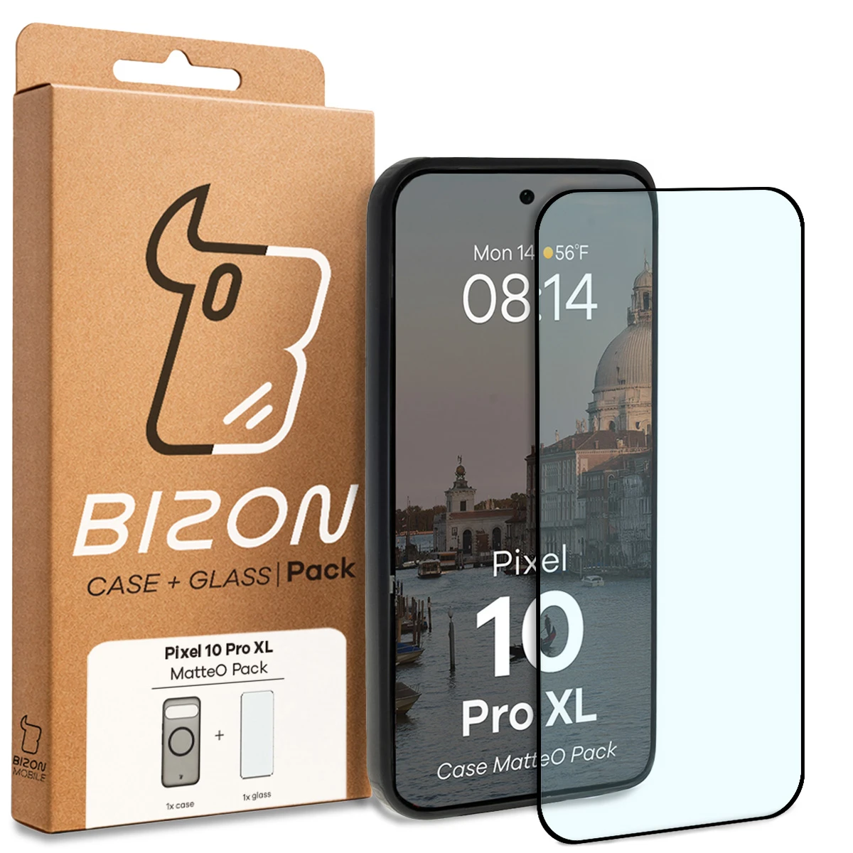 A Bizon Case Matteo Pack dobozának elülső oldala a Google Pixel 10 Pro XL-hez készült dedikált címkével