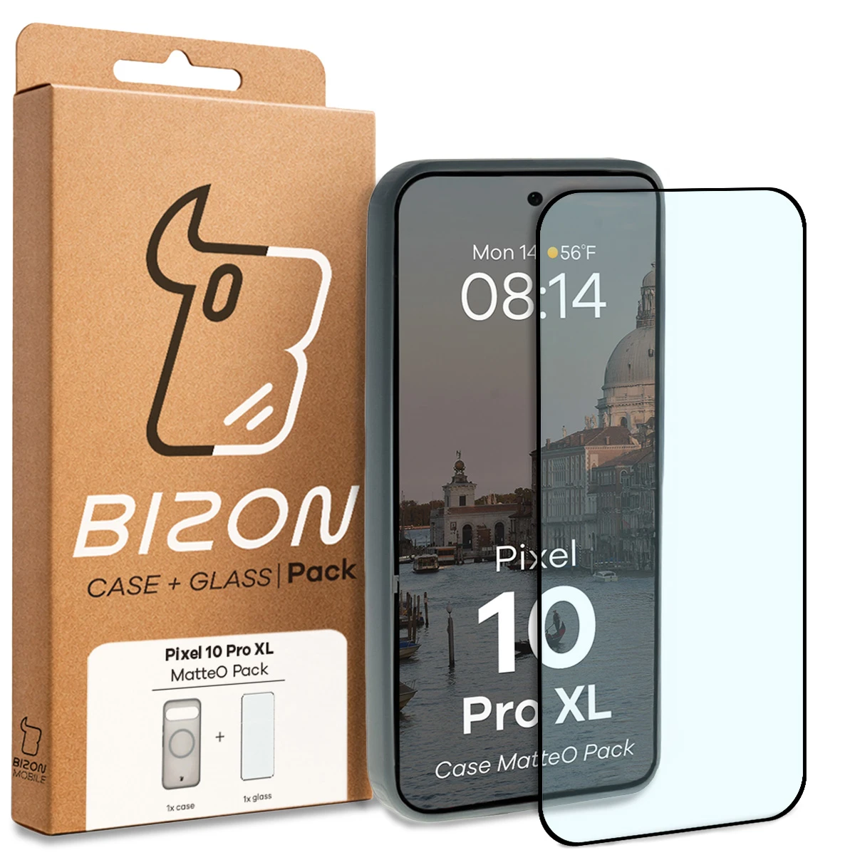 Przód pudełka Bizon Case Matteo Pack z dedykowaną etykietą do Google Pixel 10 Pro XL