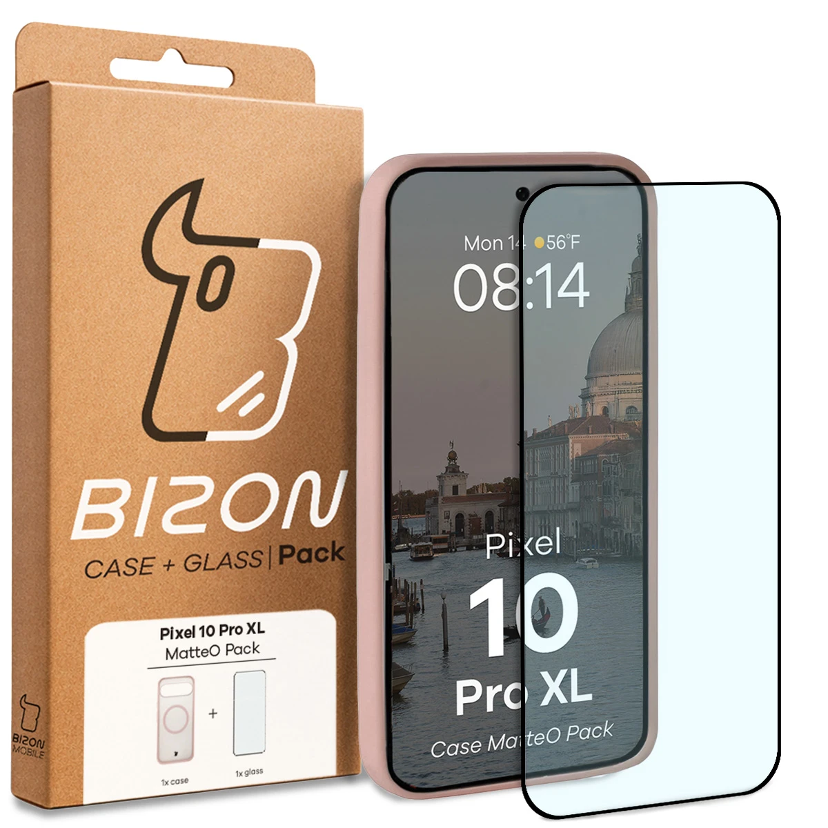 Przód pudełka Bizon Case Matteo Pack z dedykowaną etykietą do Google Pixel 10 Pro XL