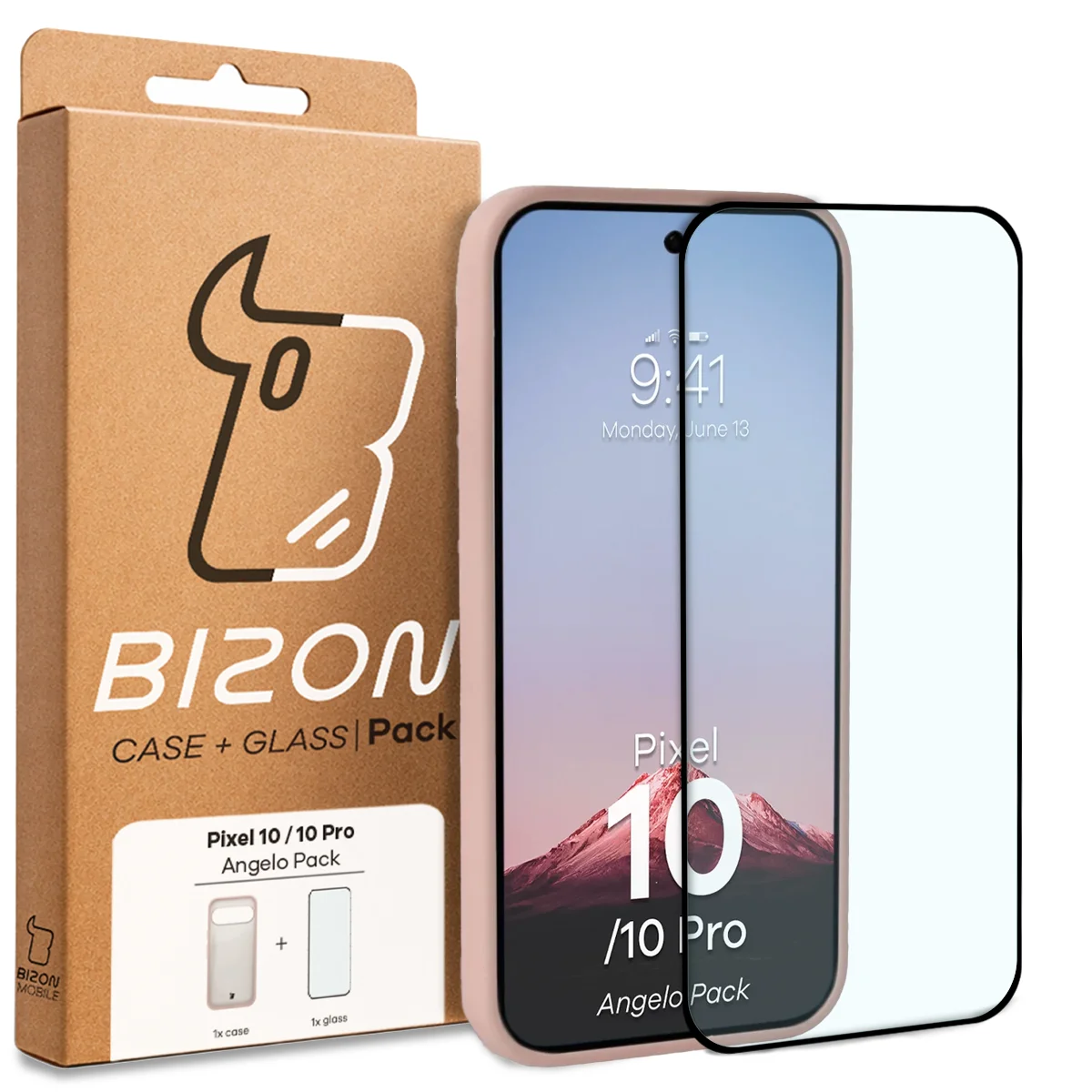 Przód pudełka Bizon Case Angelo Pack z dedykowaną etykietą do Google Pixel 10 / Google Pixel 10 Pro