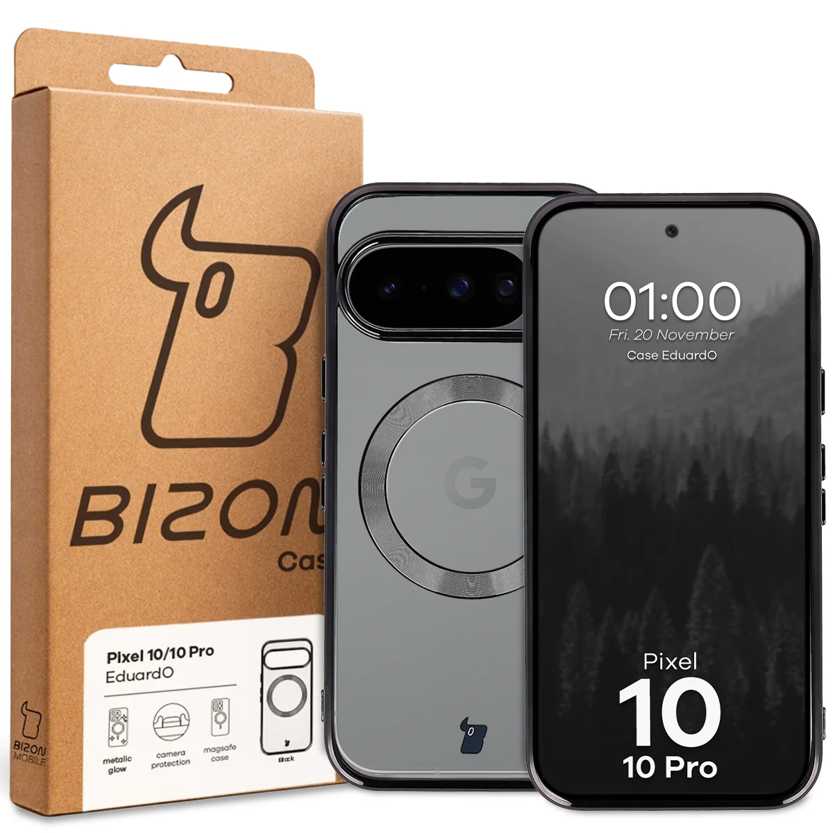 Przód pudełka Bizon Case z dedykowaną etykietą do Google Pixel 10 / Google Pixel 10 Pro