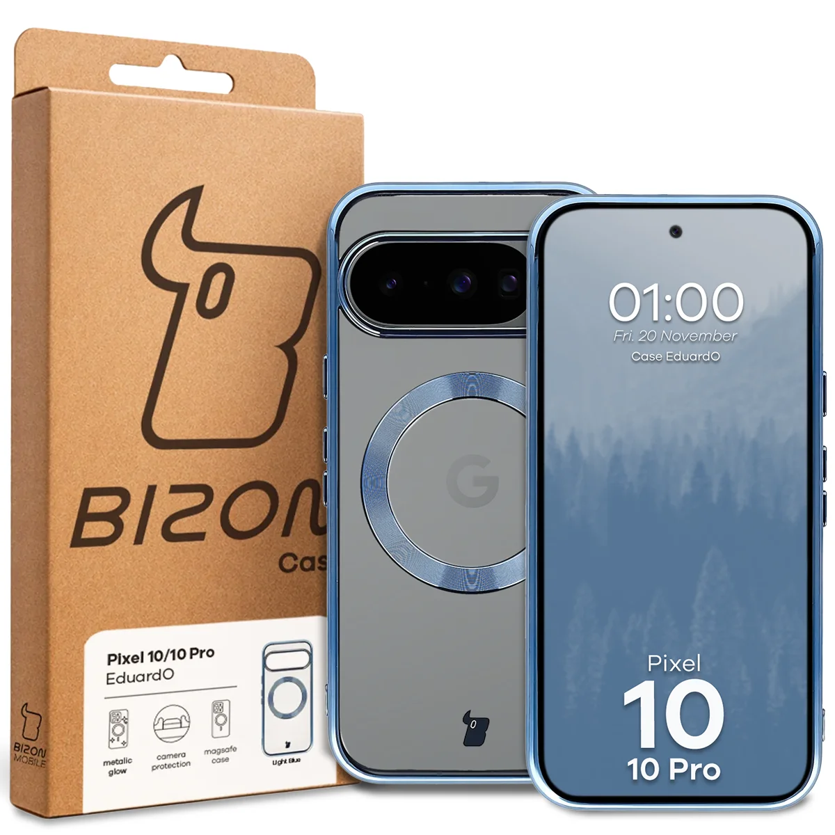 Przód pudełka Bizon Case z dedykowaną etykietą do Google Pixel 10 / Google Pixel 10 Pro