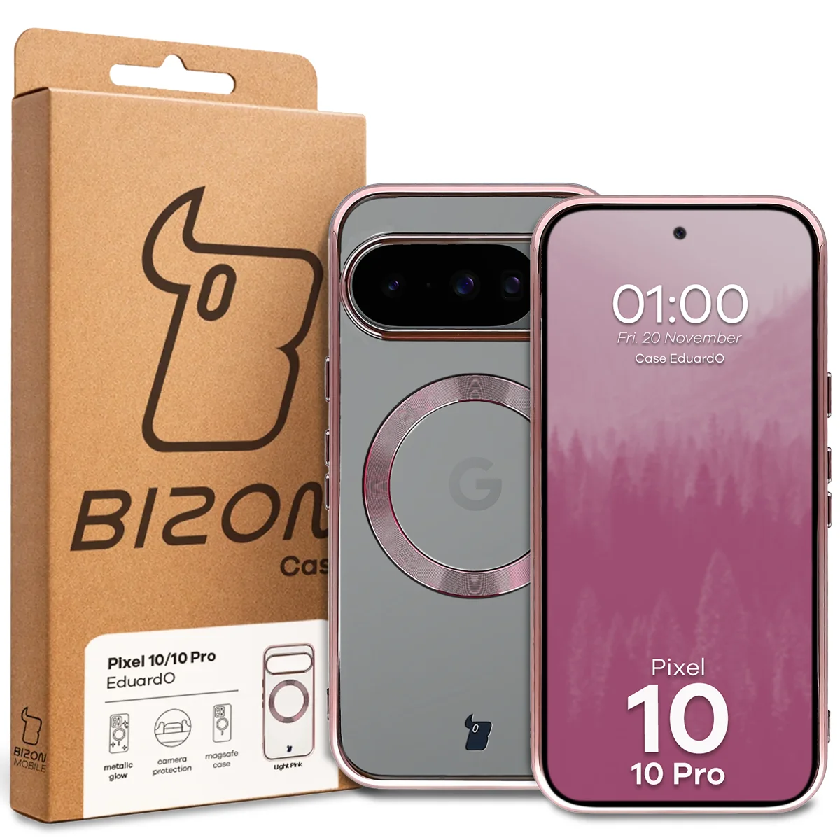 Przód pudełka Bizon Case z dedykowaną etykietą do Google Pixel 10 / Google Pixel 10 Pro