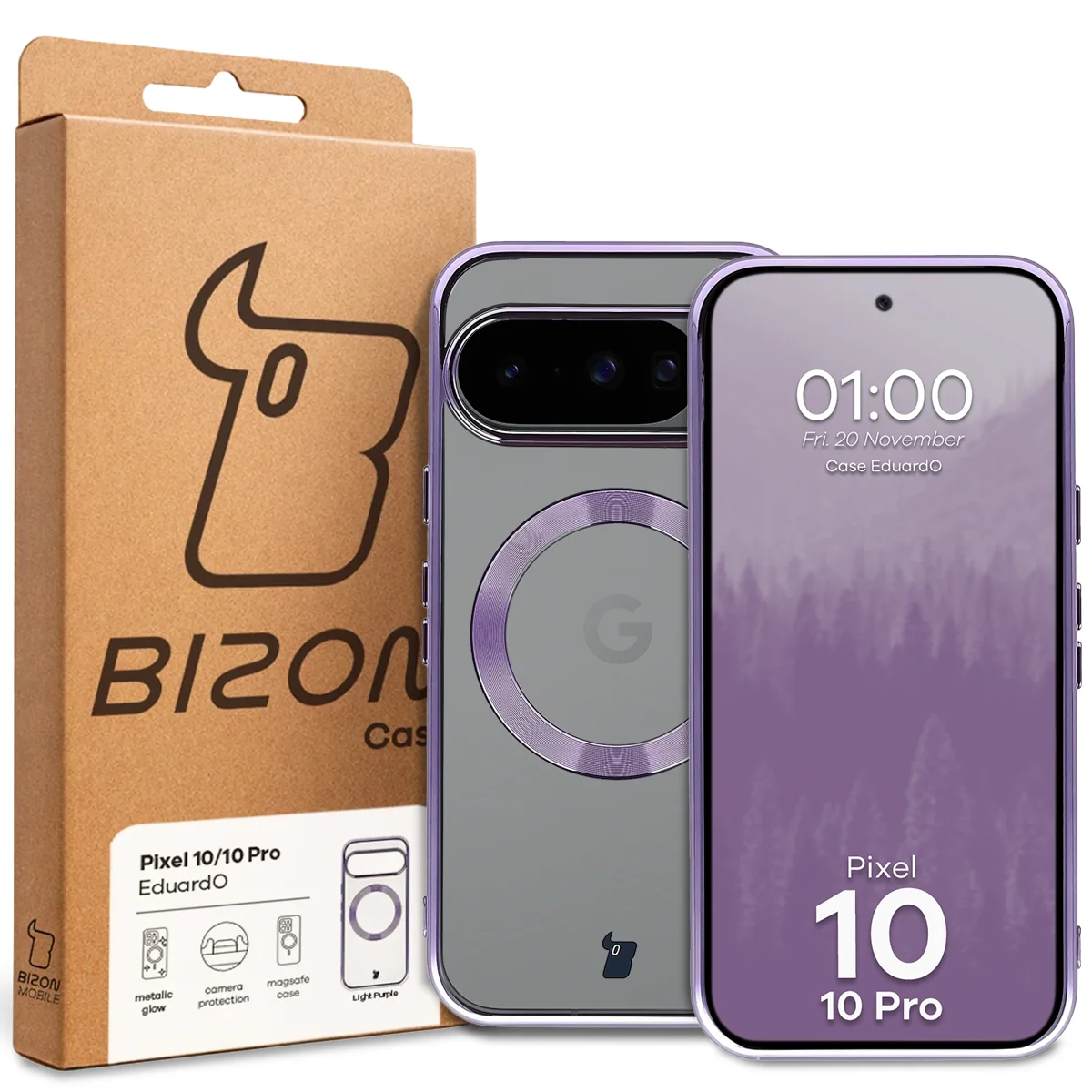 Przód pudełka Bizon Case z dedykowaną etykietą do Google Pixel 10 / Google Pixel 10 Pro