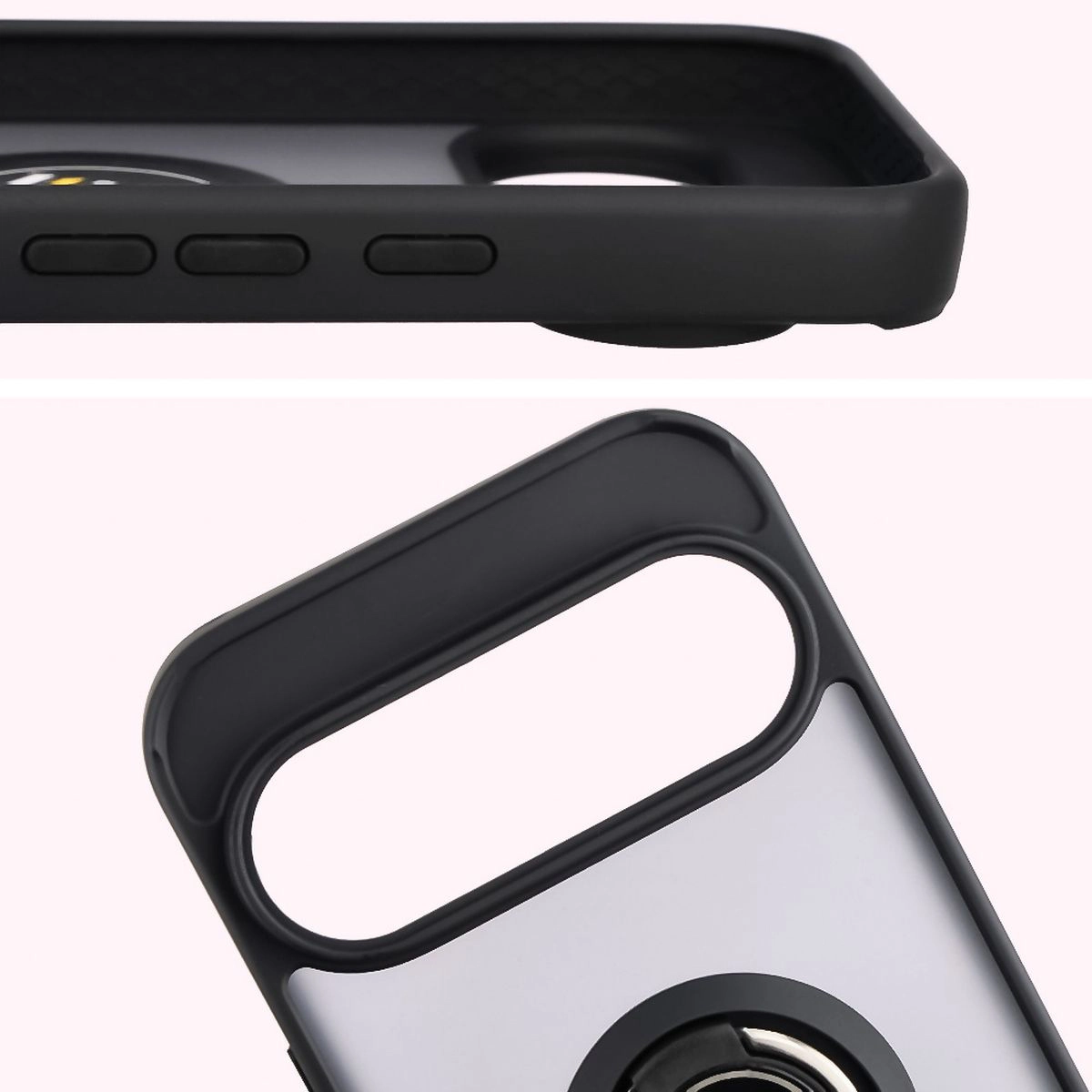 Zbliżenie na podwyższone krawędzie przy wyświetlaczu i wyspie aparatu w etui Bizon Hybrid Ring do Google Pixel 10 / Google Pixel 10 Pro