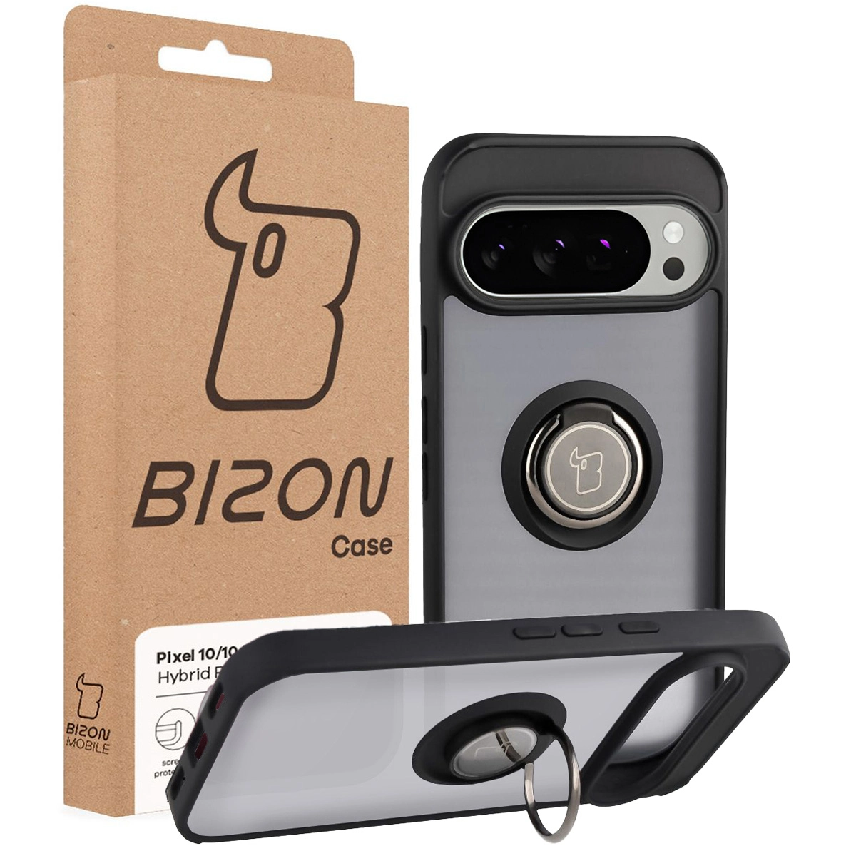 Przód pudełka Bizon Case z dedykowaną etykietą do Google Pixel 10 / Google Pixel 10 Pro