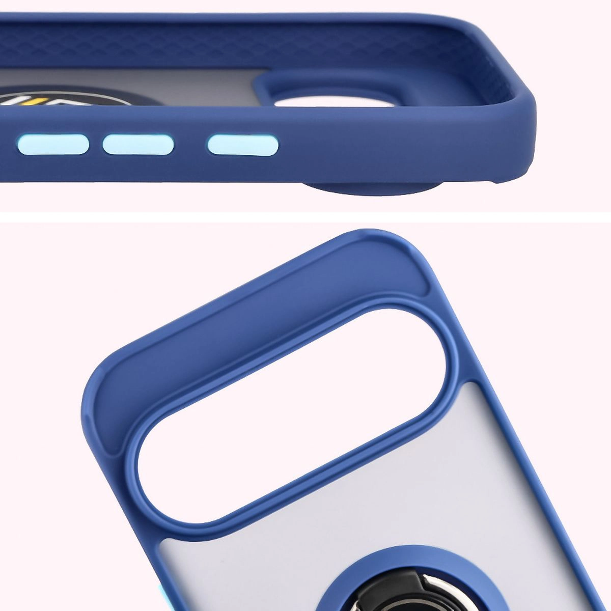 Zbliżenie na podwyższone krawędzie przy wyświetlaczu i wyspie aparatu w etui Bizon Hybrid Ring do Google Pixel 10 / Google Pixel 10 Pro