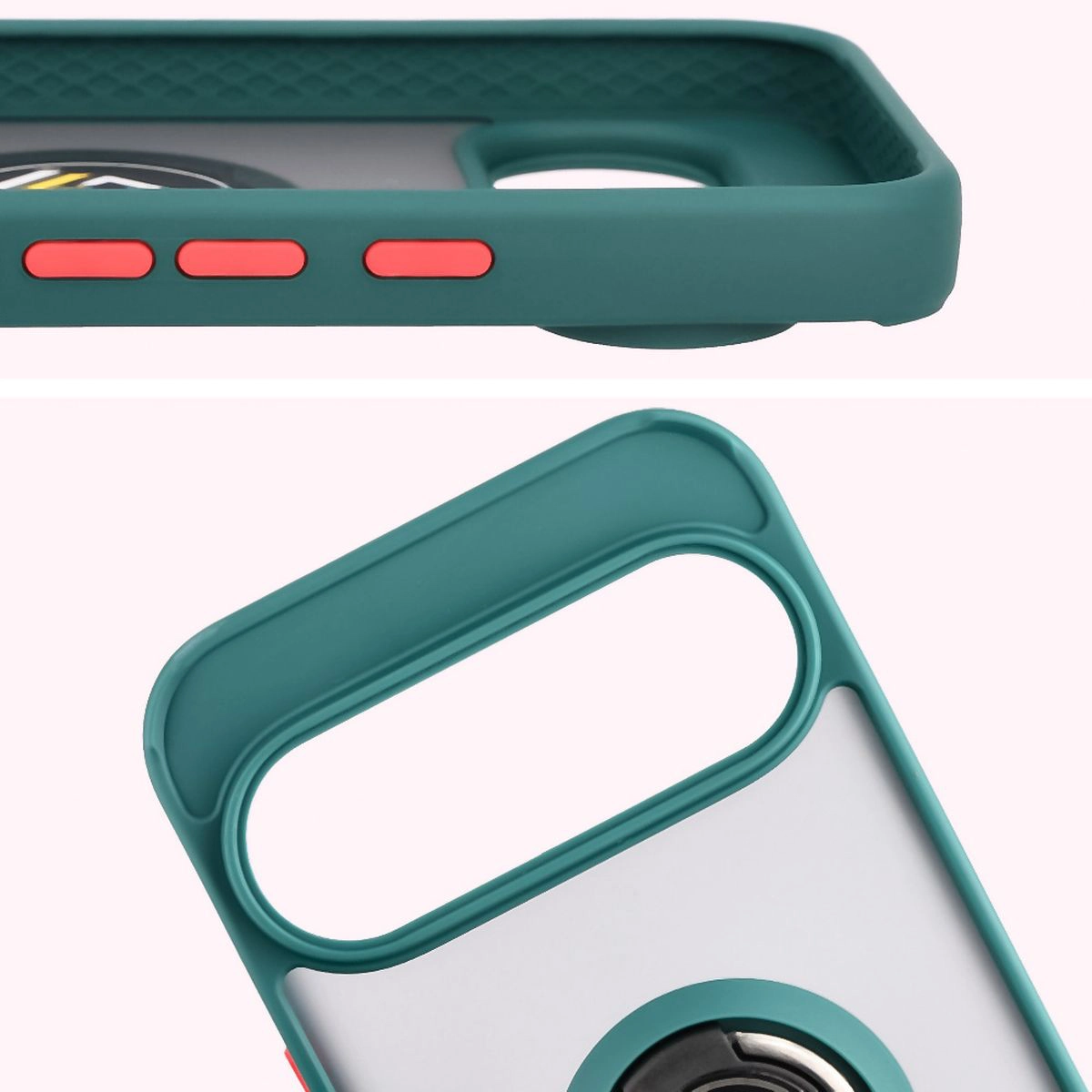 Zbliżenie na podwyższone krawędzie przy wyświetlaczu i wyspie aparatu w etui Bizon Hybrid Ring do Google Pixel 10 / Google Pixel 10 Pro