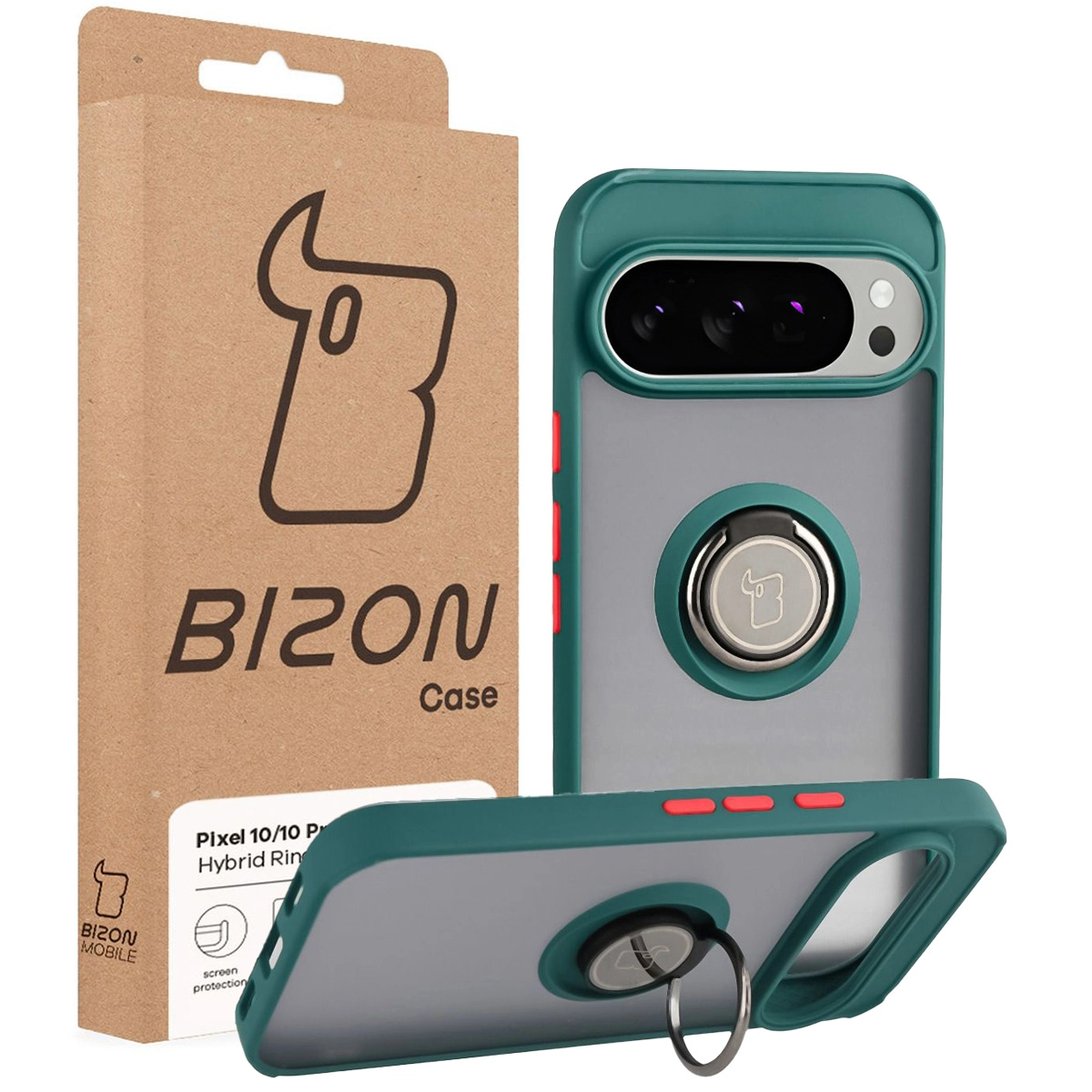 Przód pudełka Bizon Case z dedykowaną etykietą do Google Pixel 10 / Google Pixel 10 Pro