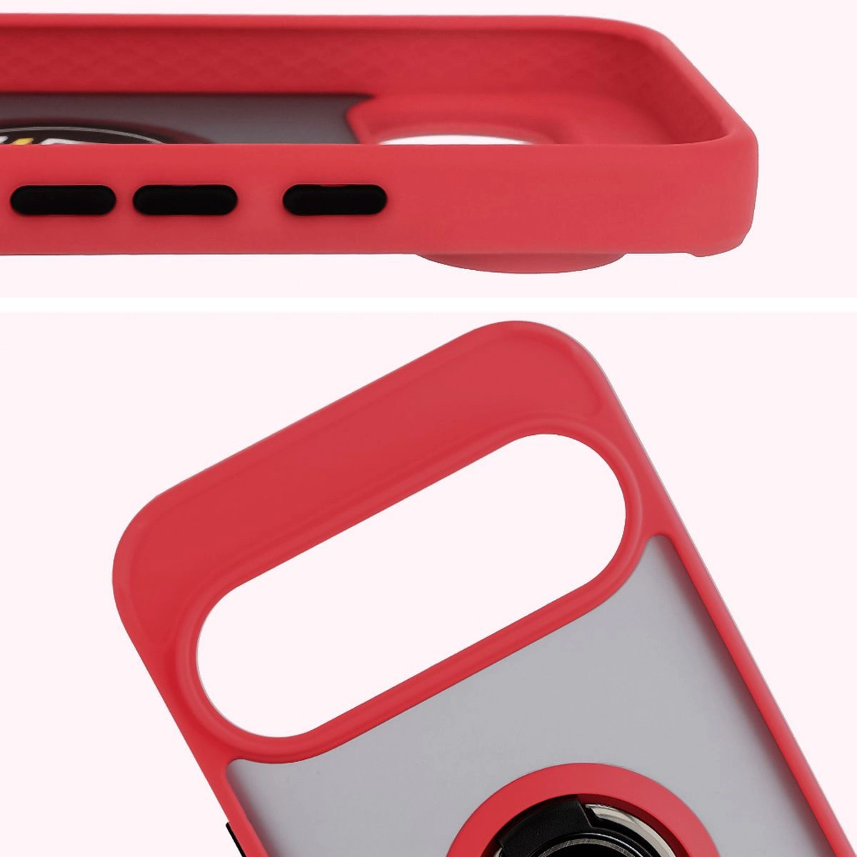 Zbliżenie na podwyższone krawędzie przy wyświetlaczu i wyspie aparatu w etui Bizon Hybrid Ring do Google Pixel 10 / Google Pixel 10 Pro