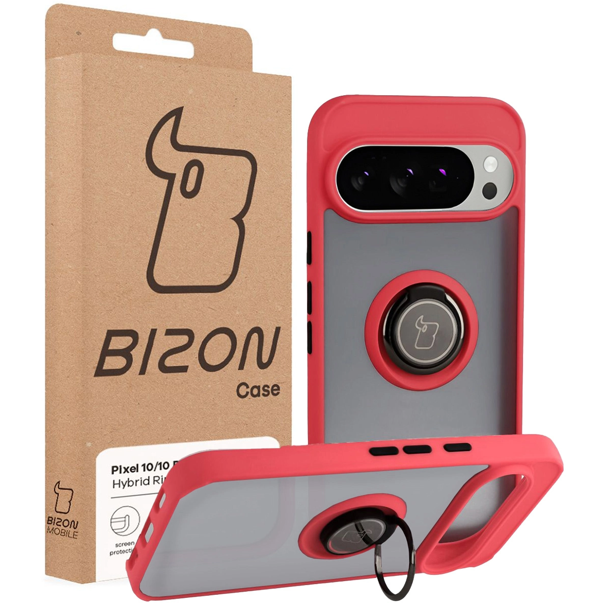 Przód pudełka Bizon Case z dedykowaną etykietą do Google Pixel 10 / Google Pixel 10 Pro