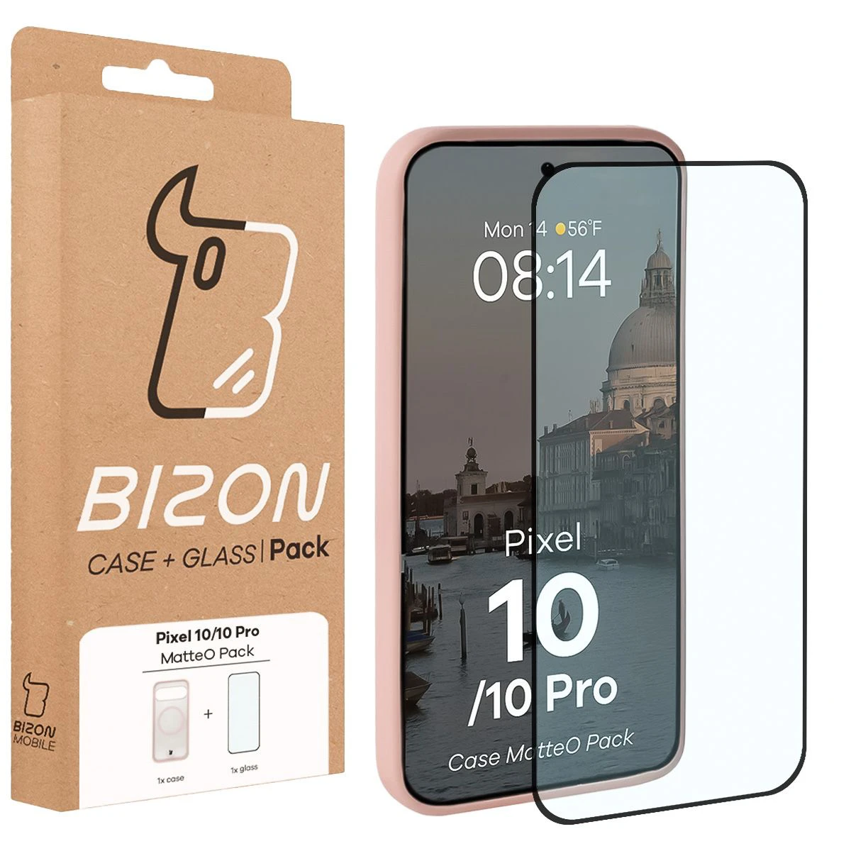 Przód pudełka Bizon Case Matteo Pack z dedykowaną etykietą do Google Pixel 10 / Google Pixel 10 Pro