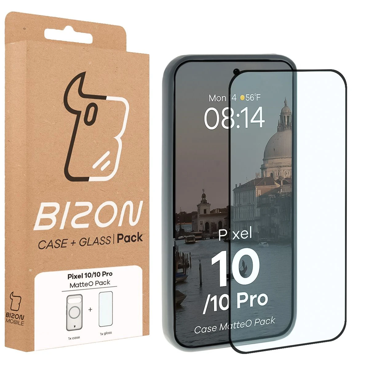 Przód pudełka Bizon Case Matteo Pack z dedykowaną etykietą do Google Pixel 10 / Google Pixel 10 Pro