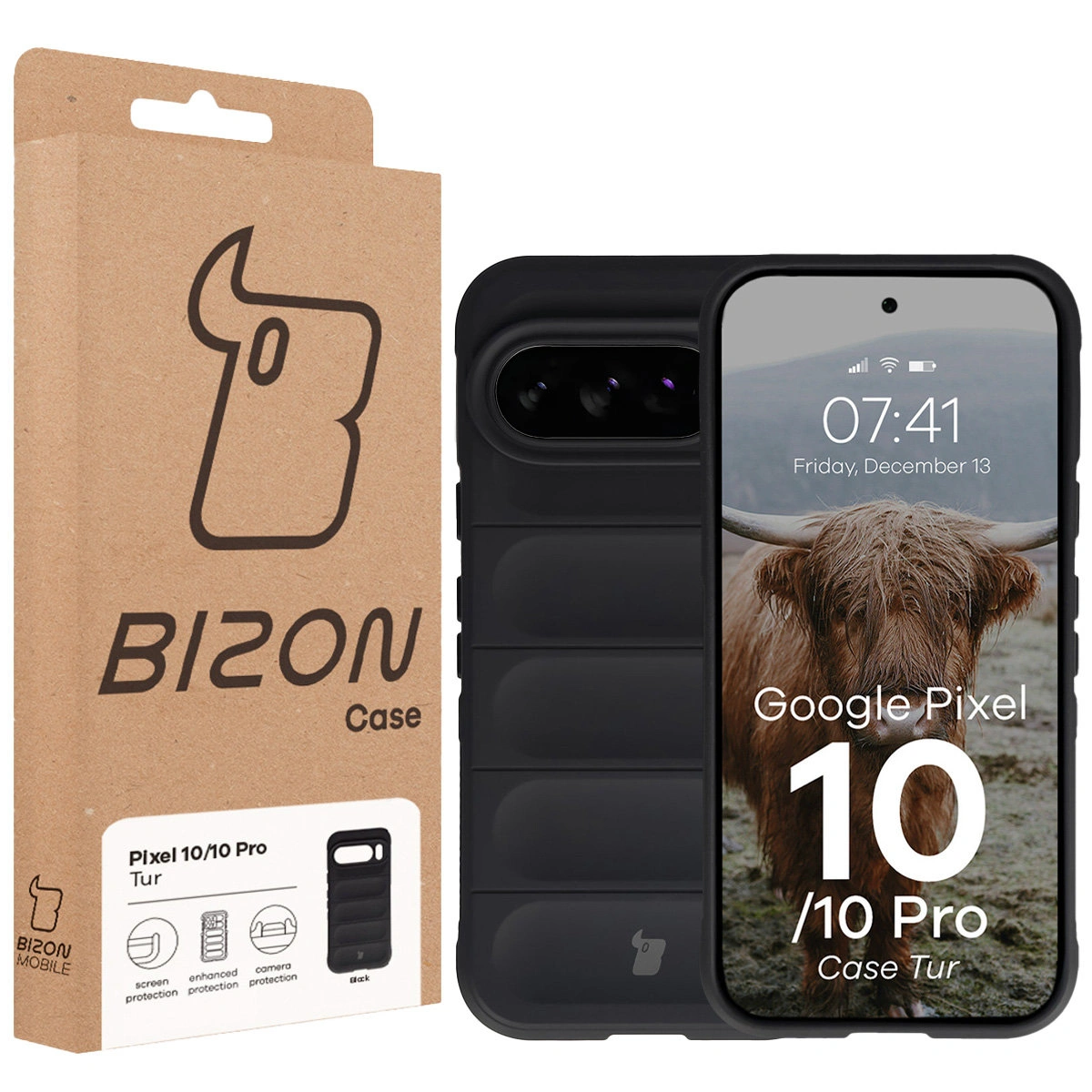 Front of the Bison Case box with a dedicated label for Google Pixel 10 / Google Pixel 10 Pro