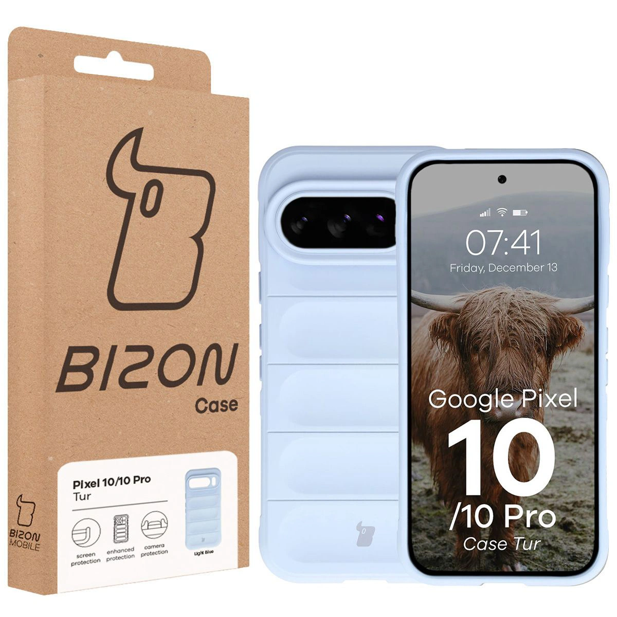 Front of the Bison Case box with a dedicated label for Google Pixel 10 / Google Pixel 10 Pro