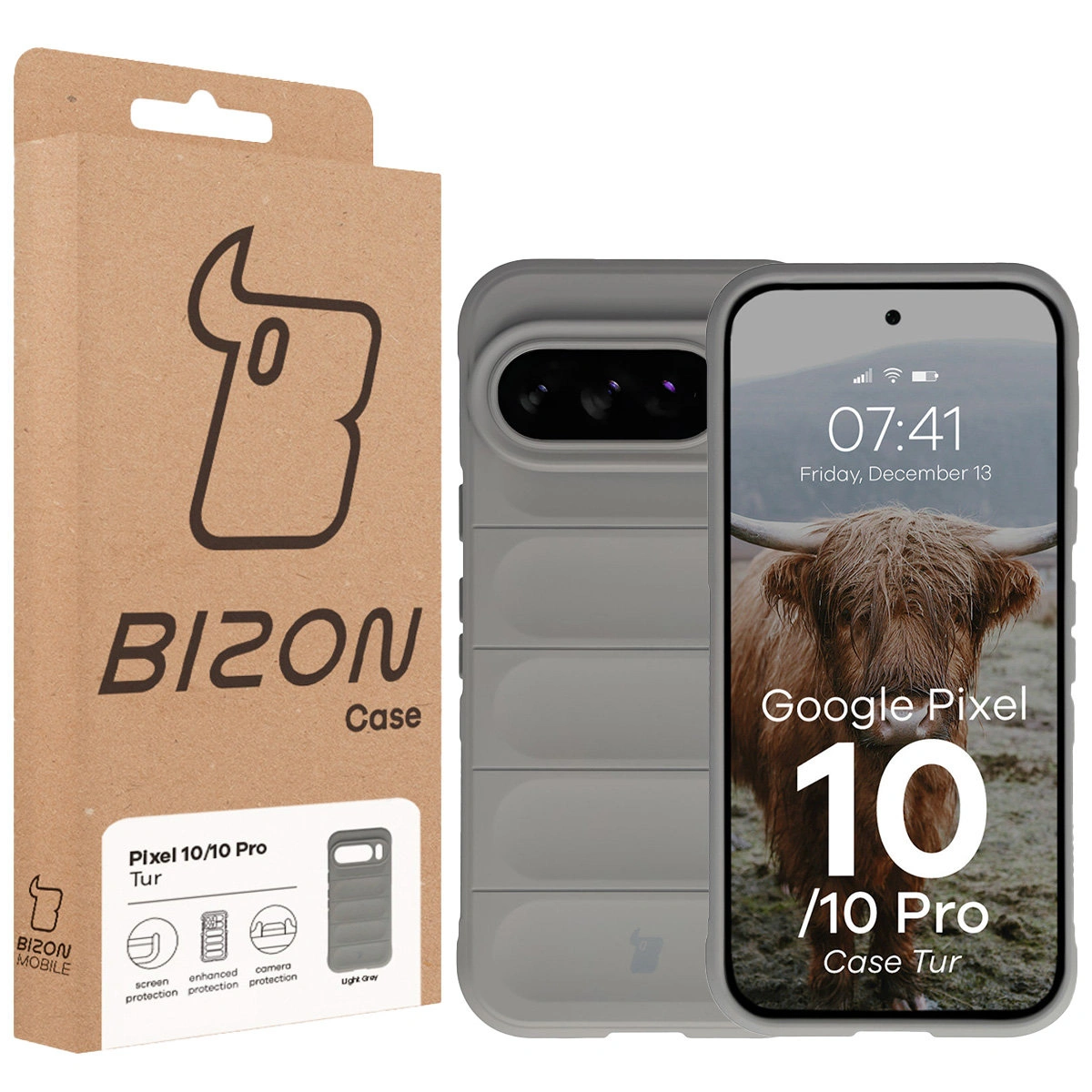 Front of the Bison Case box with a dedicated label for Google Pixel 10 / Google Pixel 10 Pro