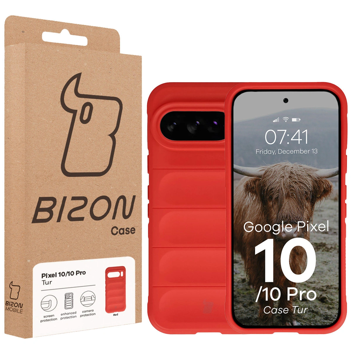 Front of the Bison Case box with a dedicated label for Google Pixel 10 / Google Pixel 10 Pro
