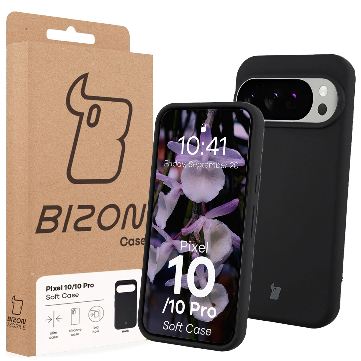 Przód pudełka Bizon Case z dedykowaną etykietą do Google Pixel 10 / Google Pixel 10 Pro