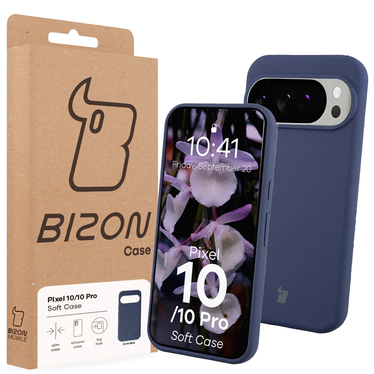 Przód pudełka Bizon Case z dedykowaną etykietą do Google Pixel 10 / Google Pixel 10 Pro