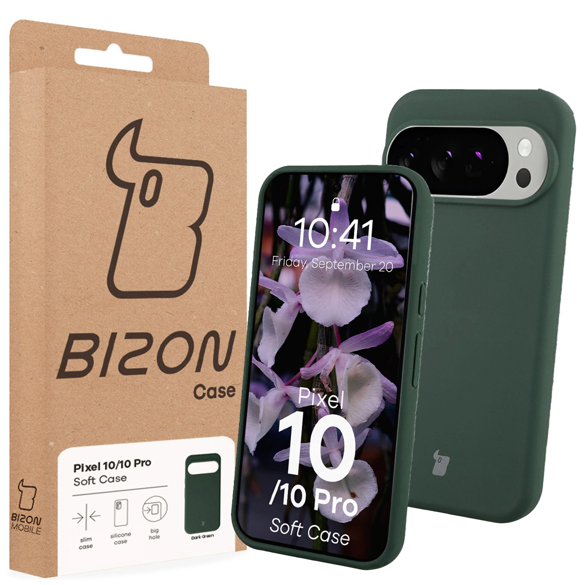 Przód pudełka Bizon Case z dedykowaną etykietą do Google Pixel 10 / Google Pixel 10 Pro