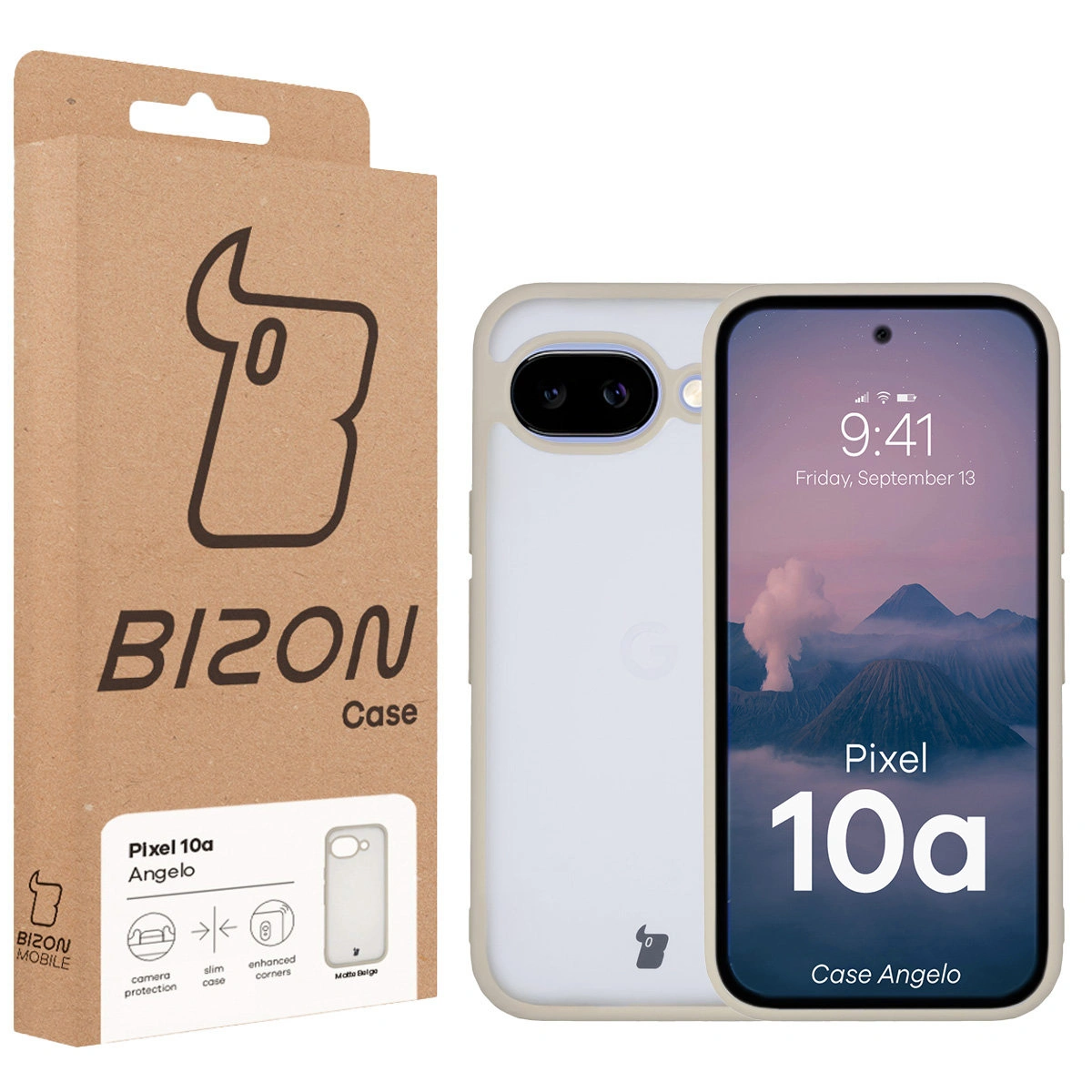 A Bizon Case dobozának elülső oldala, dedikált címkével a Google Pixel 10a-hoz
