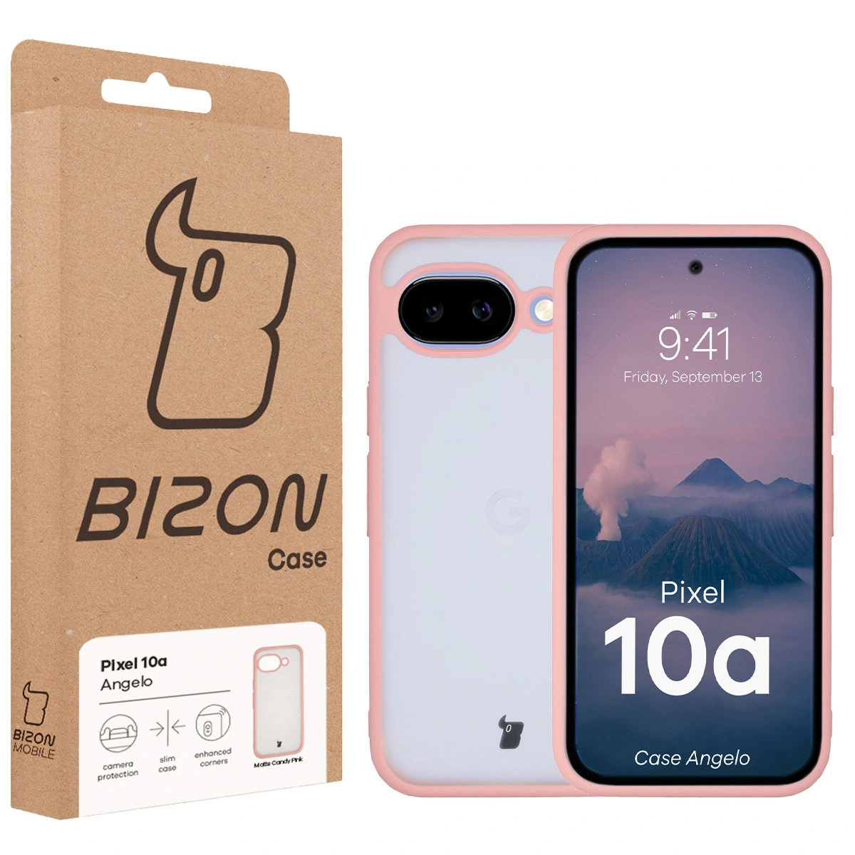 Front of the Bison Case box with a dedicated label for Google Pixel 10a