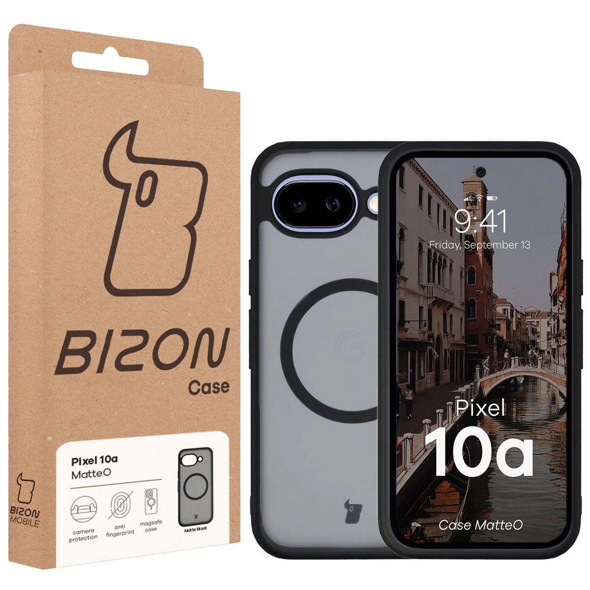 Front of the Bizon Case box with a dedicated label for Google Pixel 10a