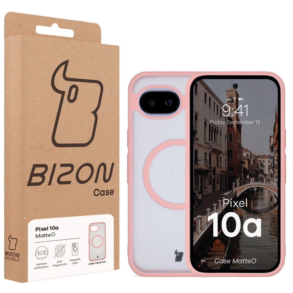 Fața cutiei Bizon Case cu etichetă dedicată pentru Google Pixel 10a