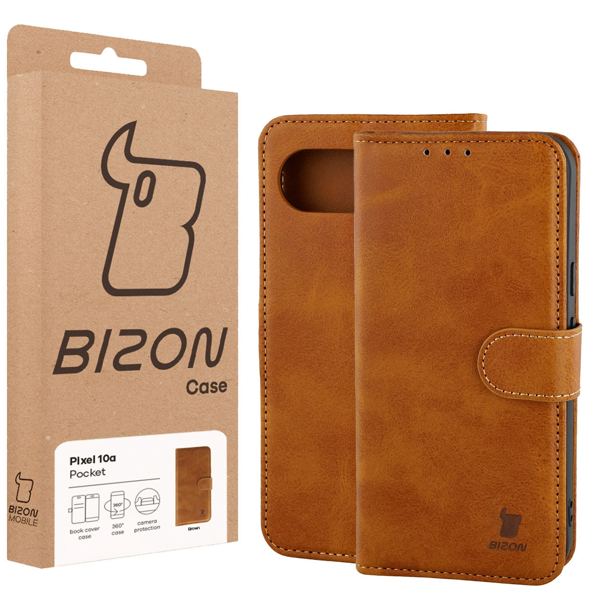 Front of the Bison Case box with a dedicated label for Google Pixel 10a