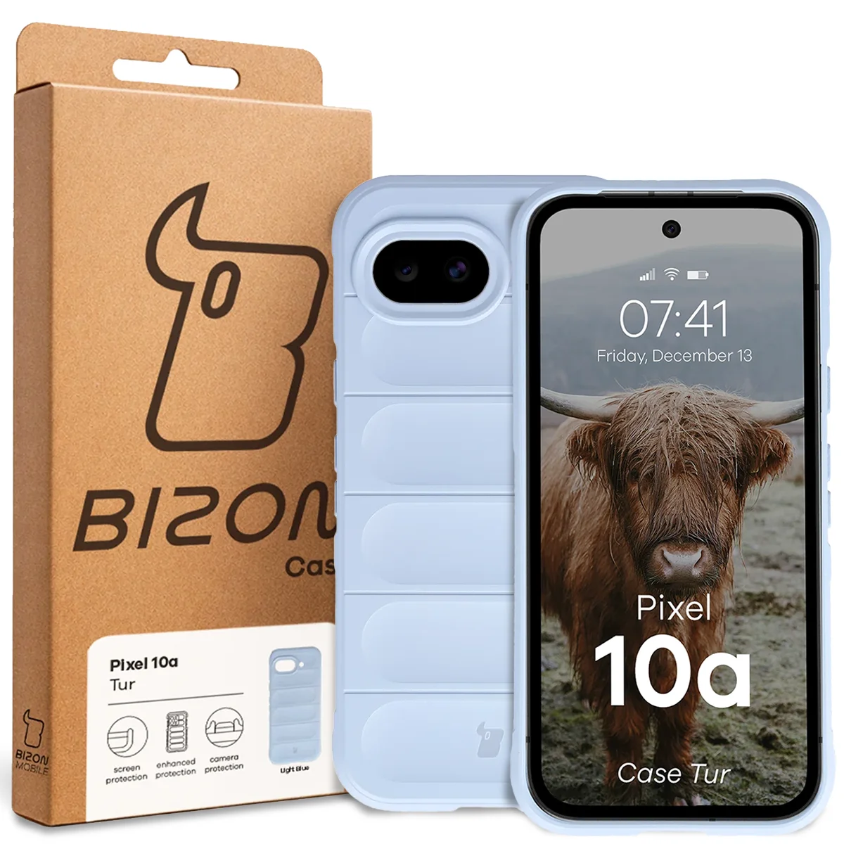 Front of the Bison Case box with a dedicated label for Google Pixel 10a