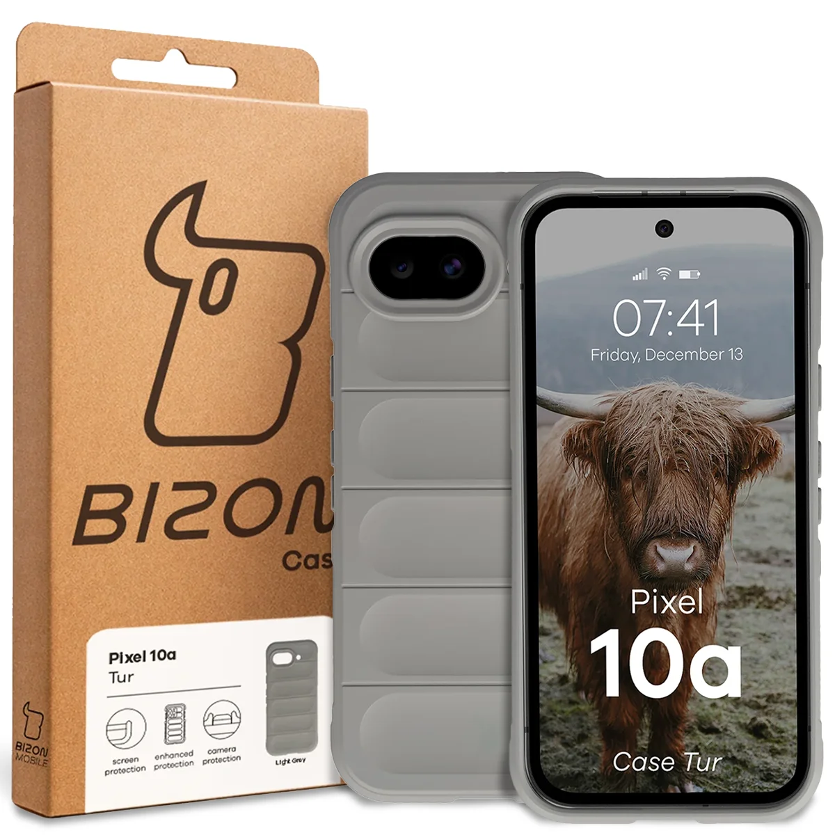 Front of the Bison Case box with a dedicated label for Google Pixel 10a