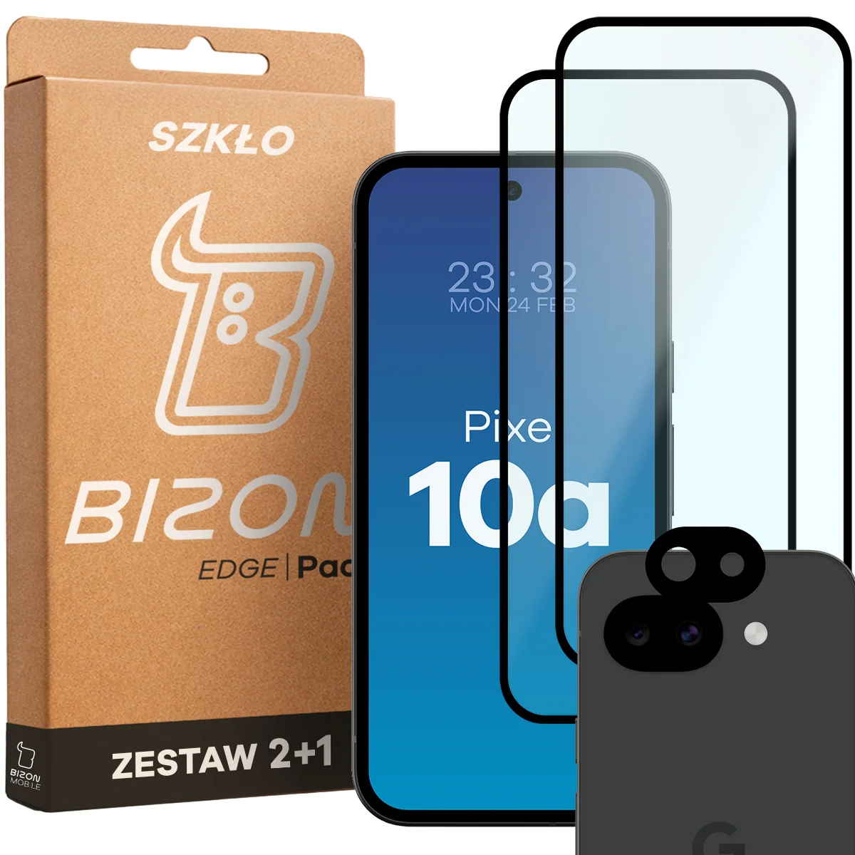 Pudełko i zestaw szkieł do Google Pixel 10a: 2x szkło hartowane i lens