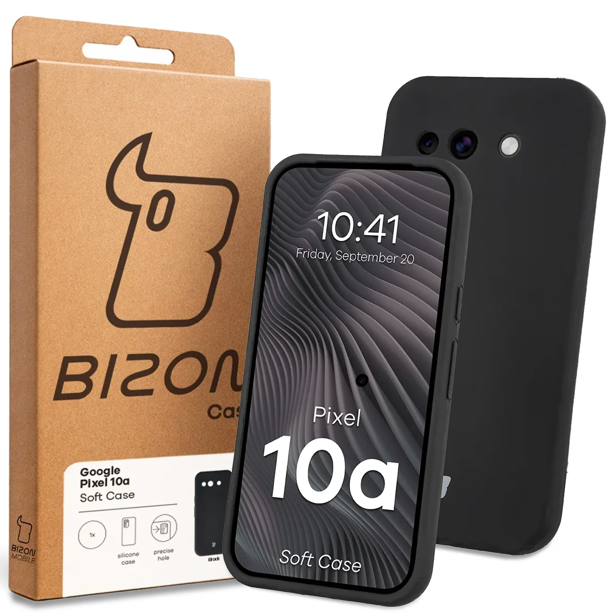 Przód pudełka Bizon Case z dedykowaną etykietą do Google Pixel 10a