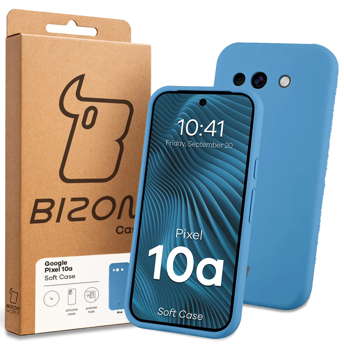 Przód pudełka Bizon Case z dedykowaną etykietą do Google Pixel 10a