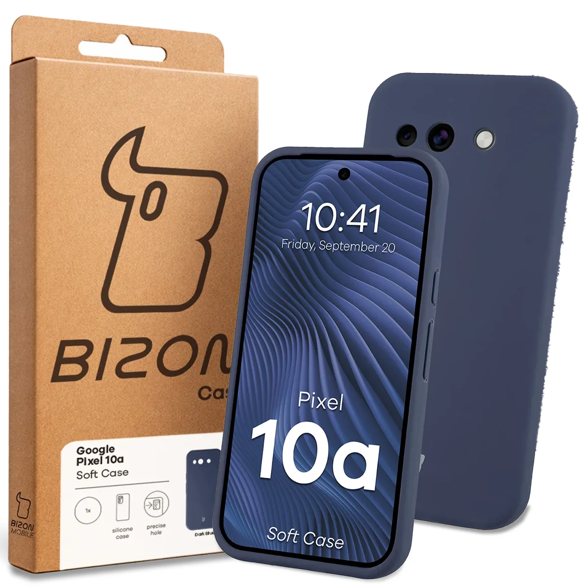 Przód pudełka Bizon Case z dedykowaną etykietą do Google Pixel 10a