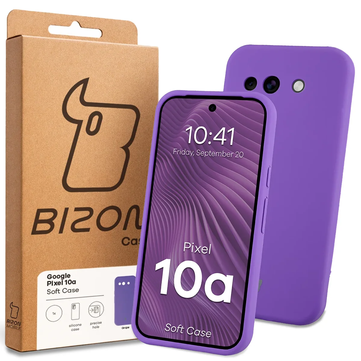Przód pudełka Bizon Case z dedykowaną etykietą do Google Pixel 10a