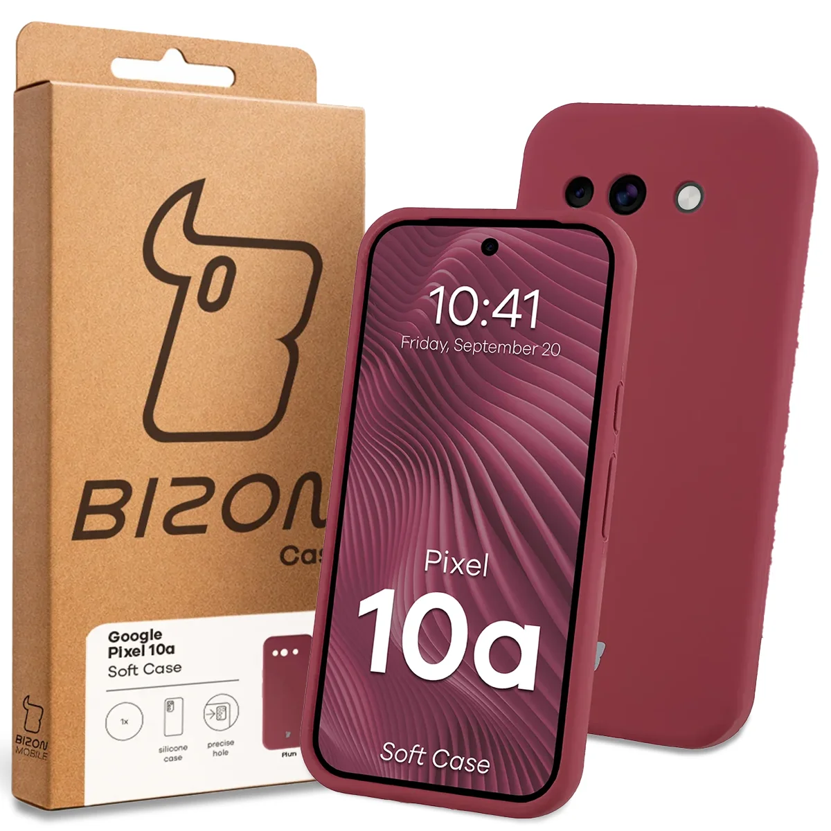 Przód pudełka Bizon Case z dedykowaną etykietą do Google Pixel 10a