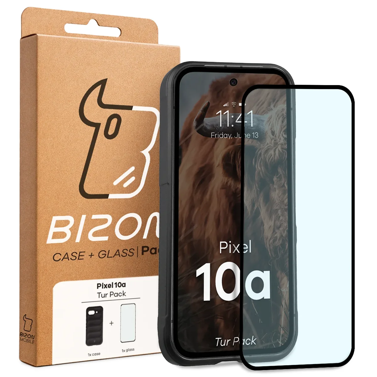 Fața cutiei Bizon Tur Pack cu eticheta dedicată pentru Google Pixel 10a