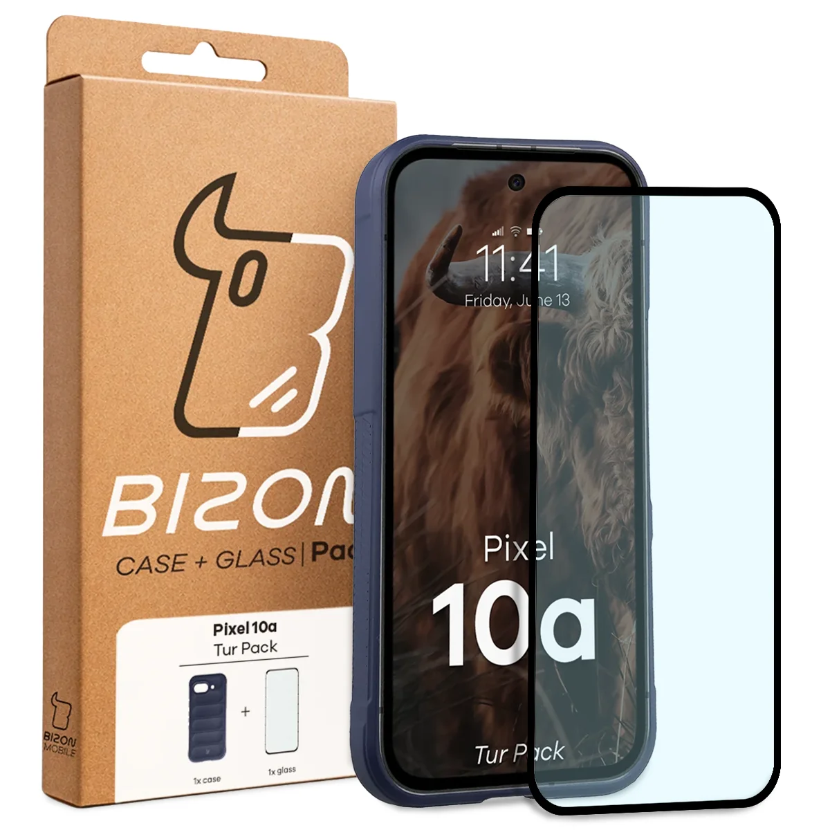 Vorderseite der Verpackung Bizon Tur Pack mit spezieller Etikette für Google Pixel 10a