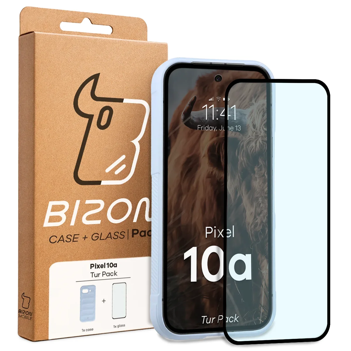Fața cutiei Bizon Tur Pack cu eticheta dedicată pentru Google Pixel 10a
