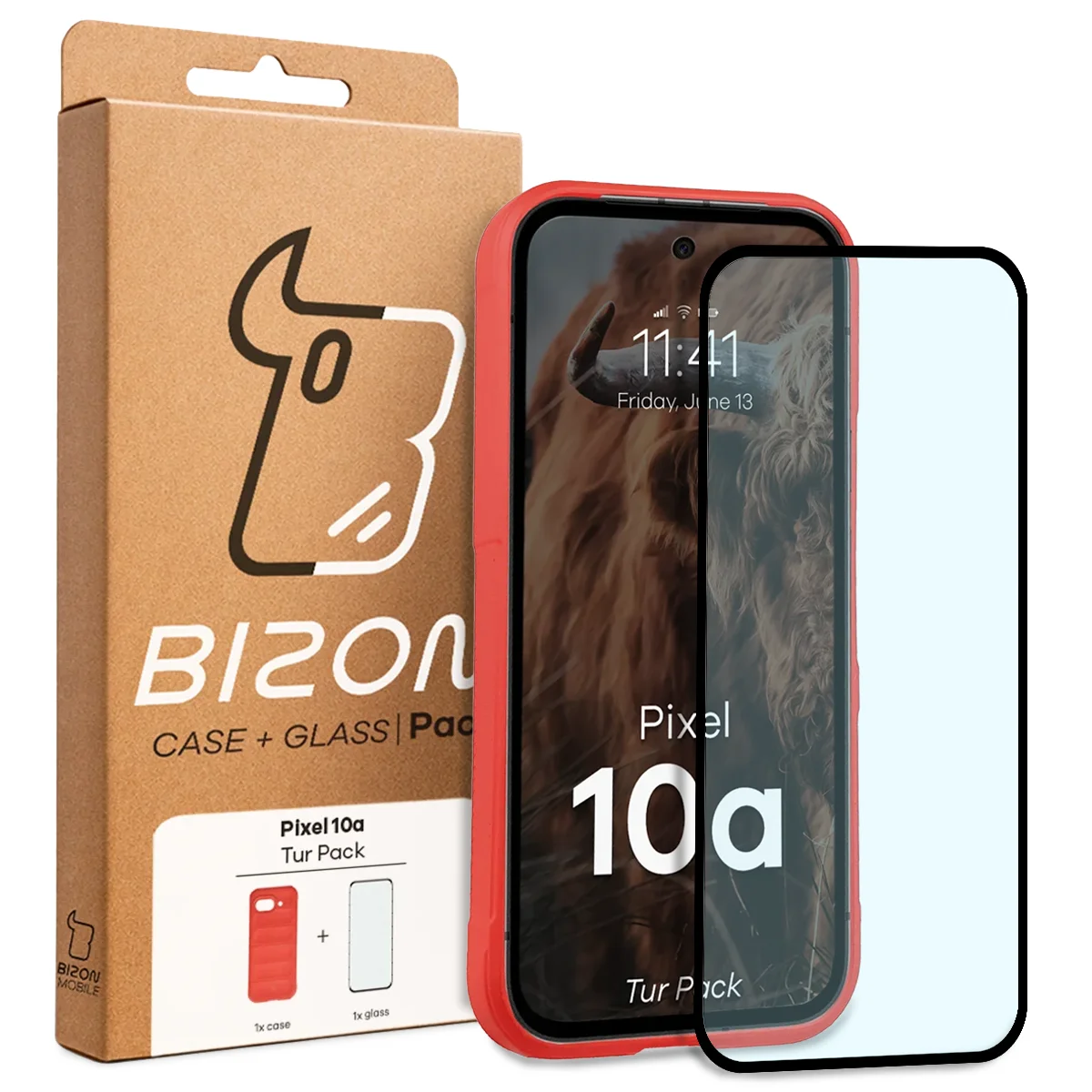 Vorderseite der Verpackung Bizon Tur Pack mit dediziertem Etikett für Google Pixel 10a