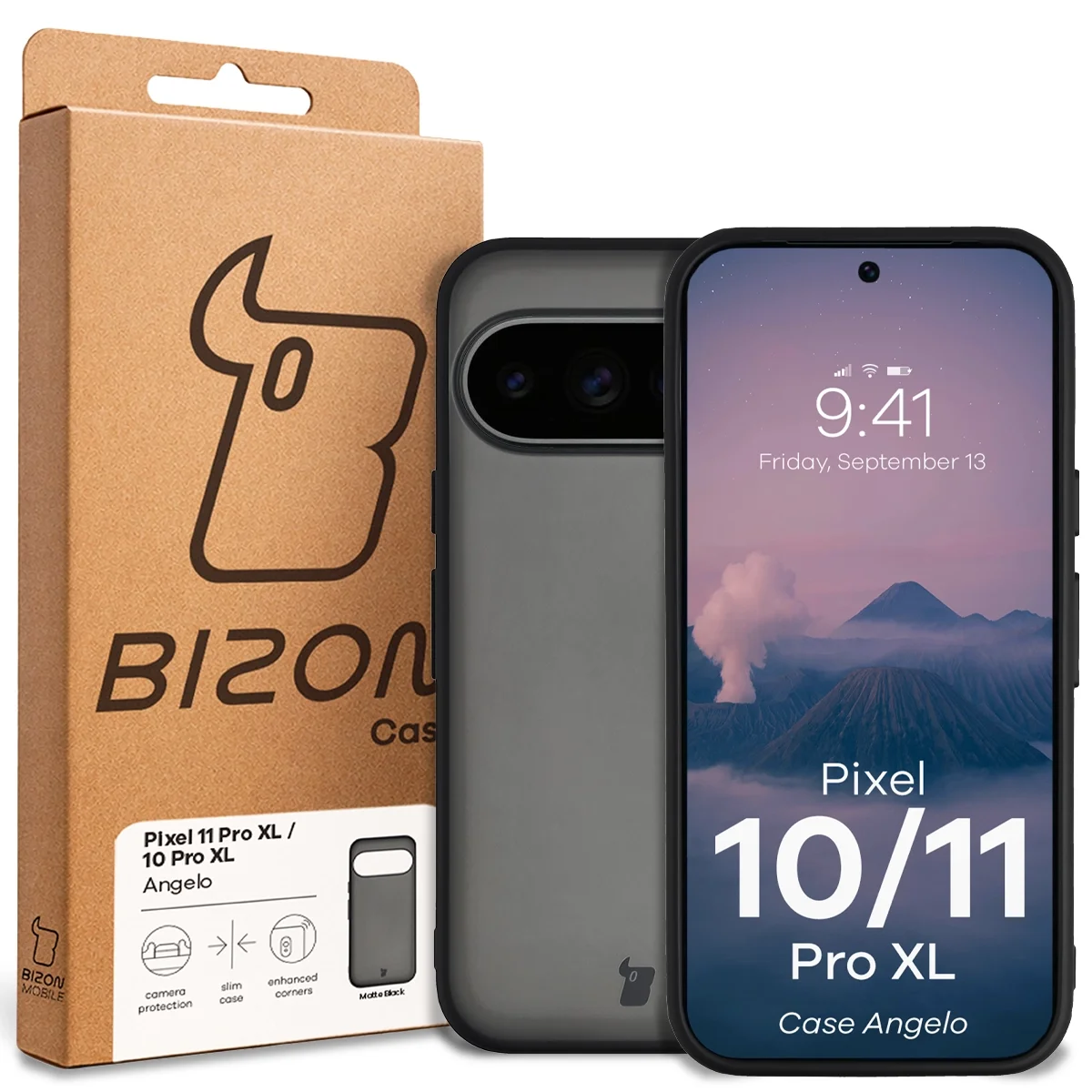 Přední strana krabičky Bizon Case s dedikovanou etiketou pro Google Pixel 11 Pro XL / 10 Pro XL