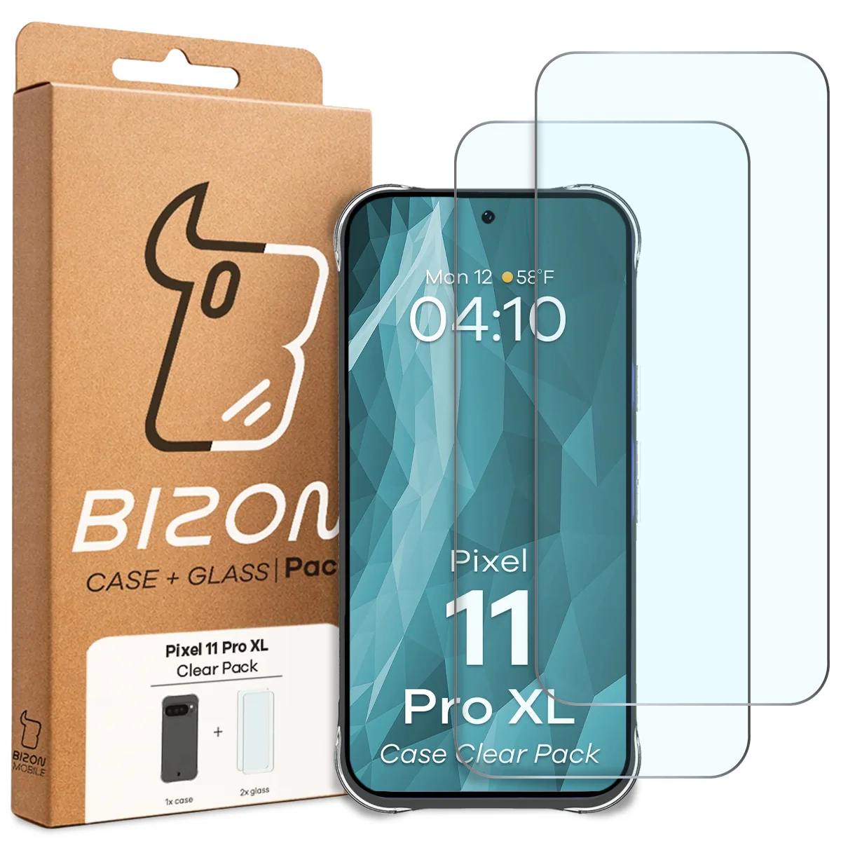 Front of the Bizon Case+Glass box with a dedicated label for Google Pixel 11 Pro XL