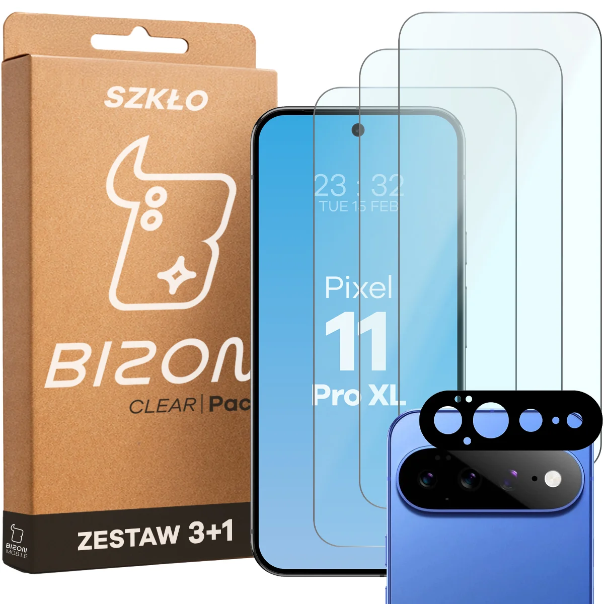 Pudełko i zestaw szkieł do Google Pixel 11 Pro XL: 3x szkło hartowane i lens