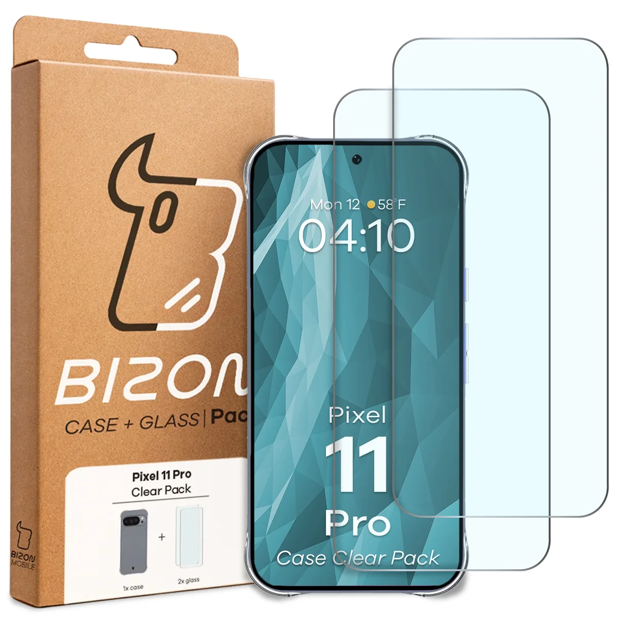 Przód pudełka Bizon Case+Glass z dedykowaną etykietą do Google Pixel 11 Pro
