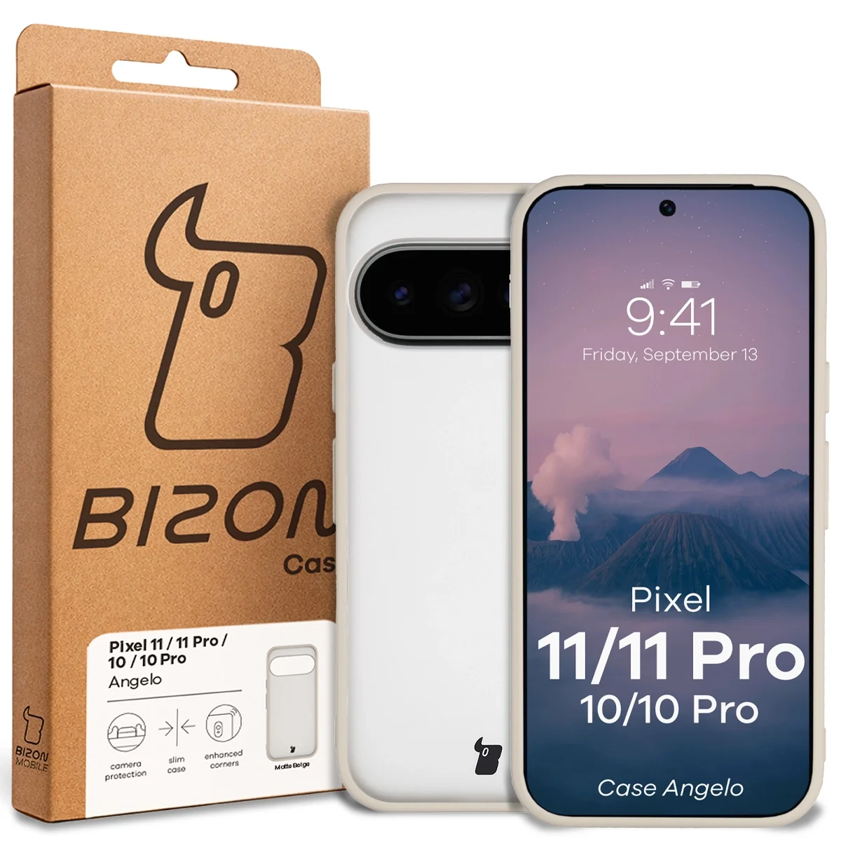 Přední strana balení Bizon Case s dedikovanou etiketou pro Google Pixel 11 / 11Pro / 10 / 10 Pro