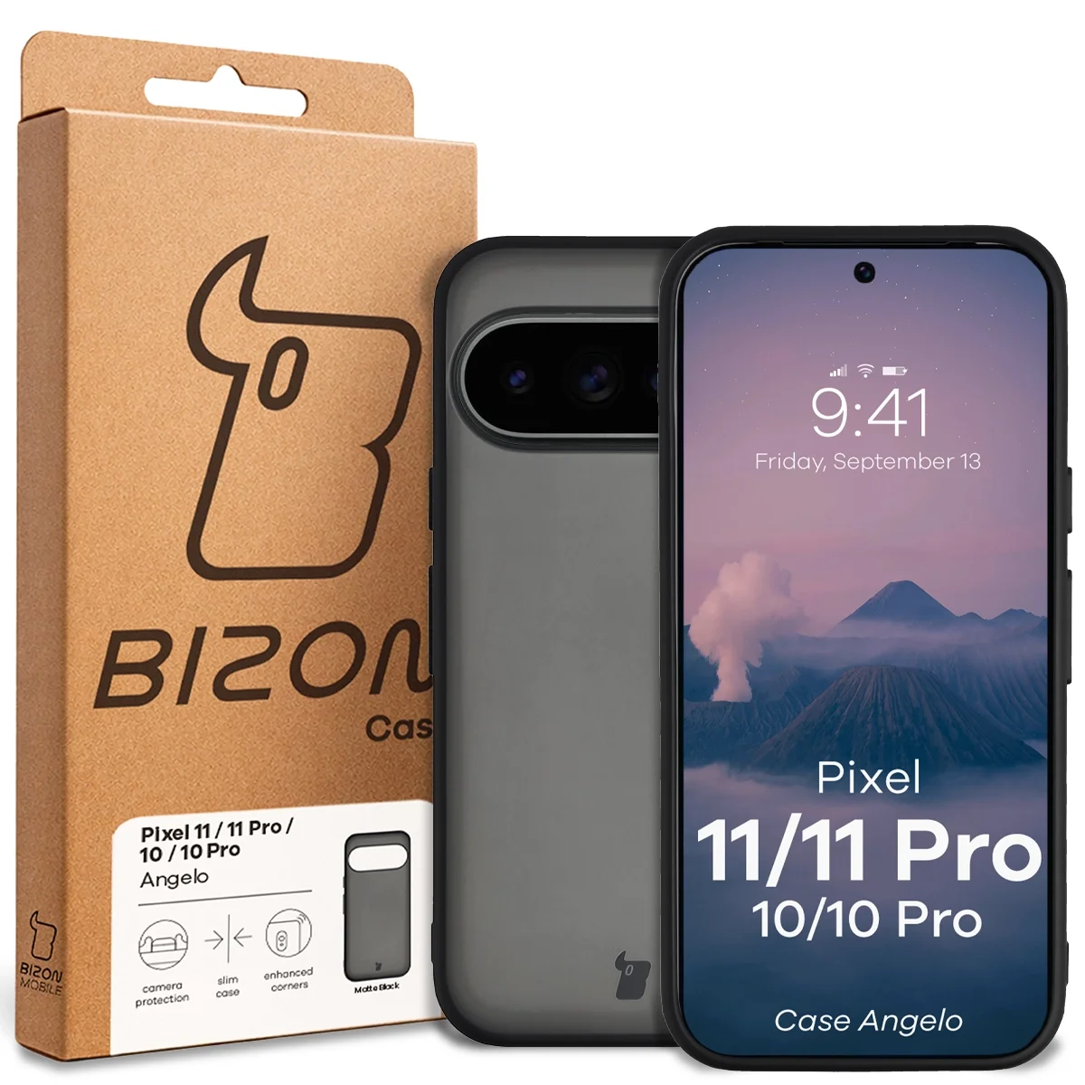 Přední strana krabičky Bizon Case s dedikovanou etiketou pro Google Pixel 11 / 11Pro / 10 / 10 Pro
