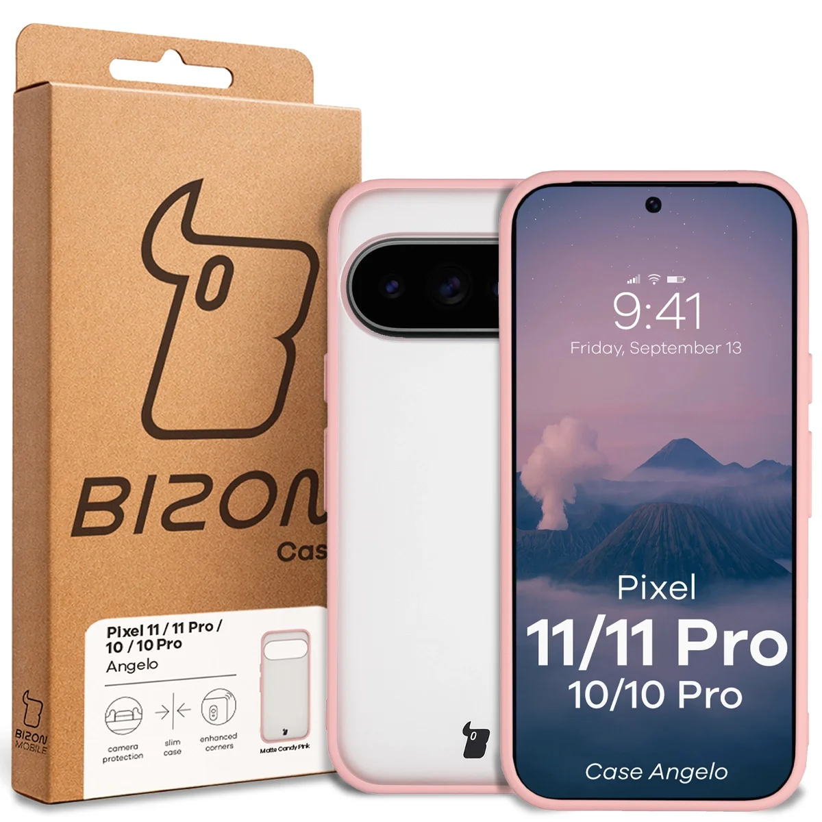 Přední strana balení Bizon Case s dedikovanou etiketou pro Google Pixel 11 / 11Pro / 10 / 10 Pro