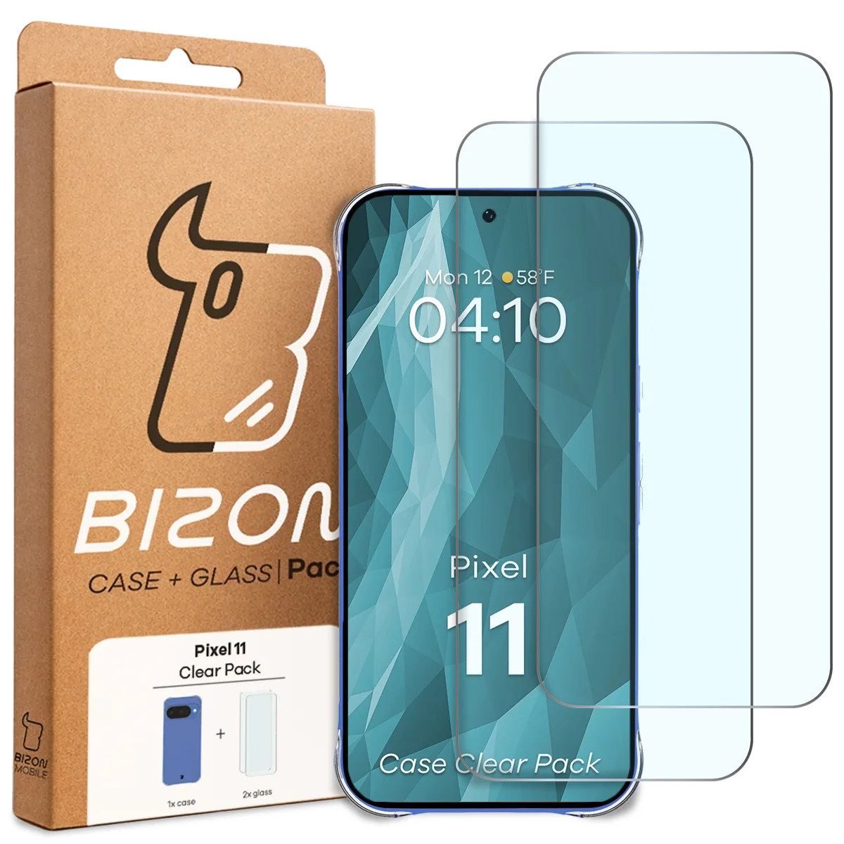 Przód pudełka Bizon Case+Glass z dedykowaną etykietą do Google Pixel 11