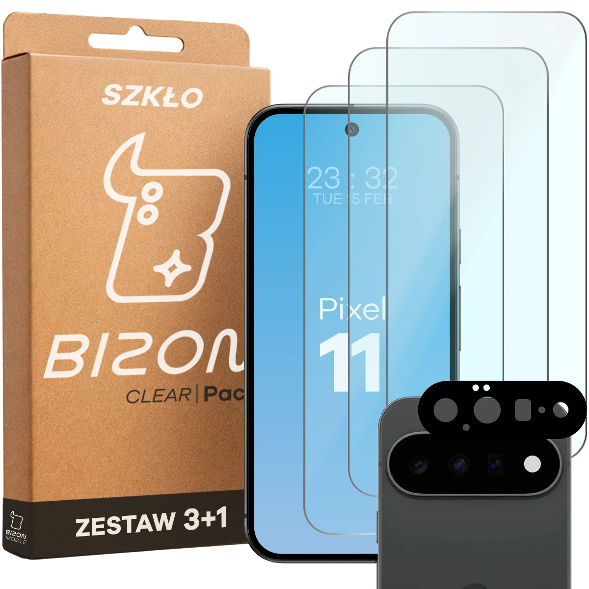 Pudełko i zestaw szkieł do Google Pixel 11: 3x szkło hartowane i lens
